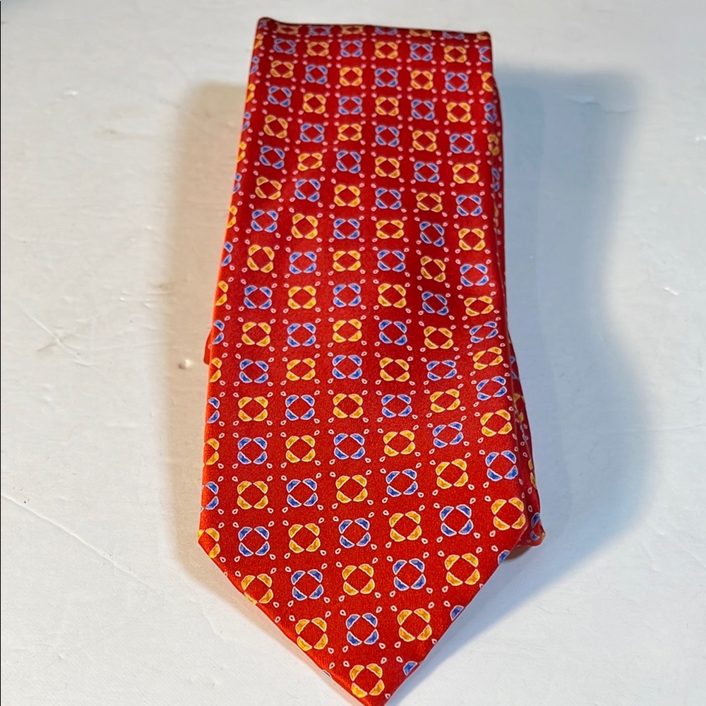 Brioni Red and Yellow Silk Tie with Geometric Pattern